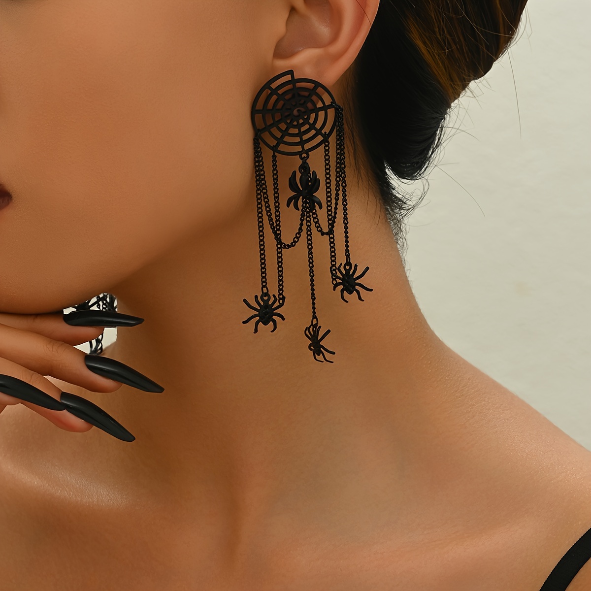 

Gothic Punk Black Spider Web & Chain Dangle Earrings - Vintage Alloy With Stainless Steel Posts For Women, & Casual Attire