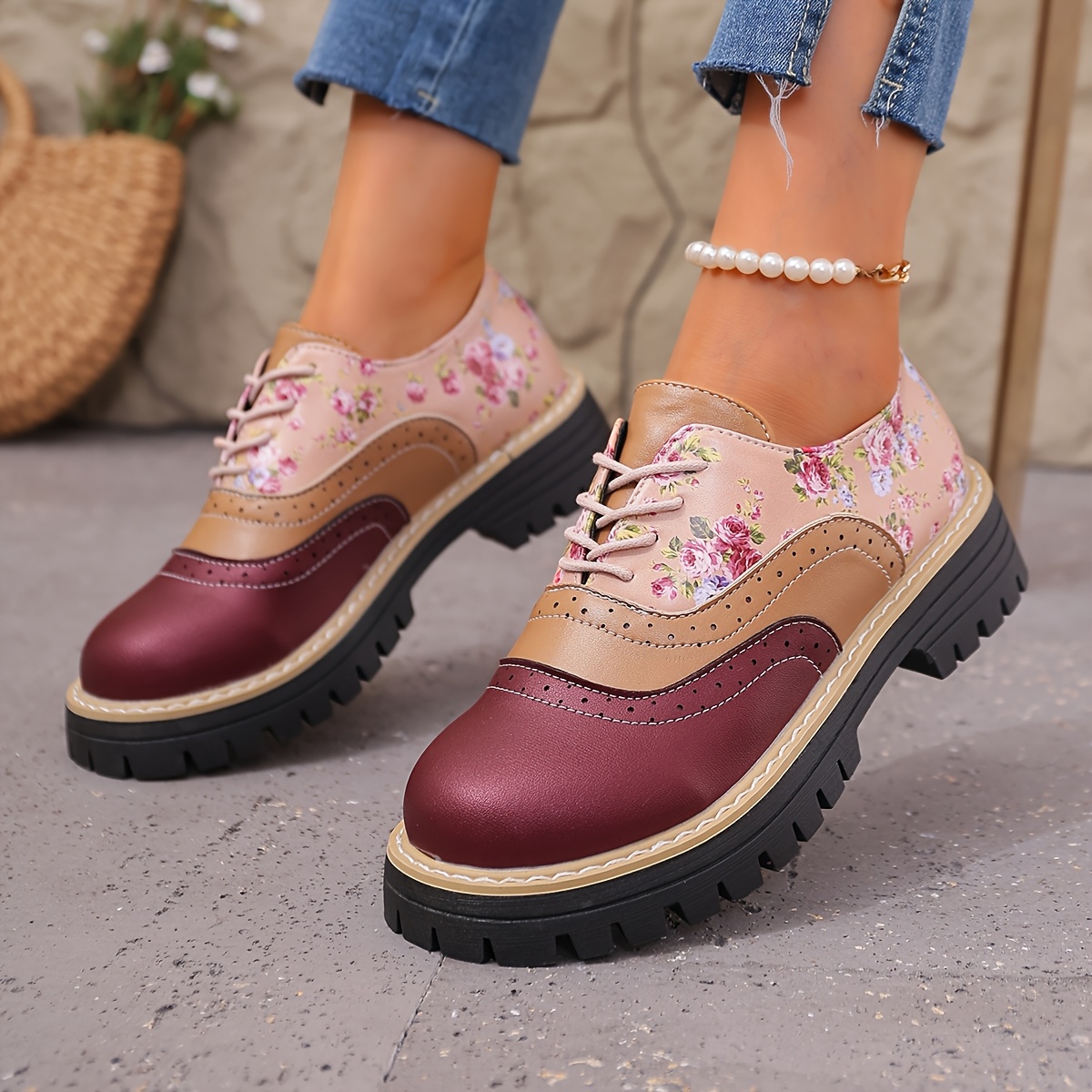 TEMU Chaussures Oxford pour femmes, Chaussures Oxford à de couleurs florales de style printemps-automne, Chaussures à plateforme à lacets à semelle