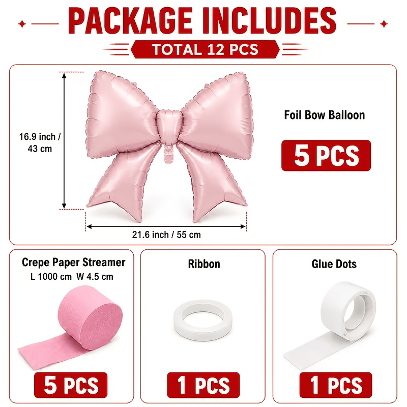 TEMU 12pcs Bowknot Tassel Foil Balloon Set, Including 5pcs Bowknot Balloons, 5 Rolls Of Crepe Paper And 2pcs Other Additions, Suitable For Birthday