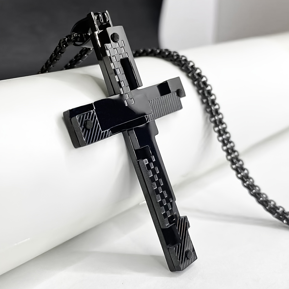 Image of Large Double-layer 304 Stainless Steel Welded Rivet Cross Pendant Necklace For Men, Golden Jewelry, Holiday Gift, Thanksgiving Christmas Gift, Boyfriend Gift, For Daily Wear