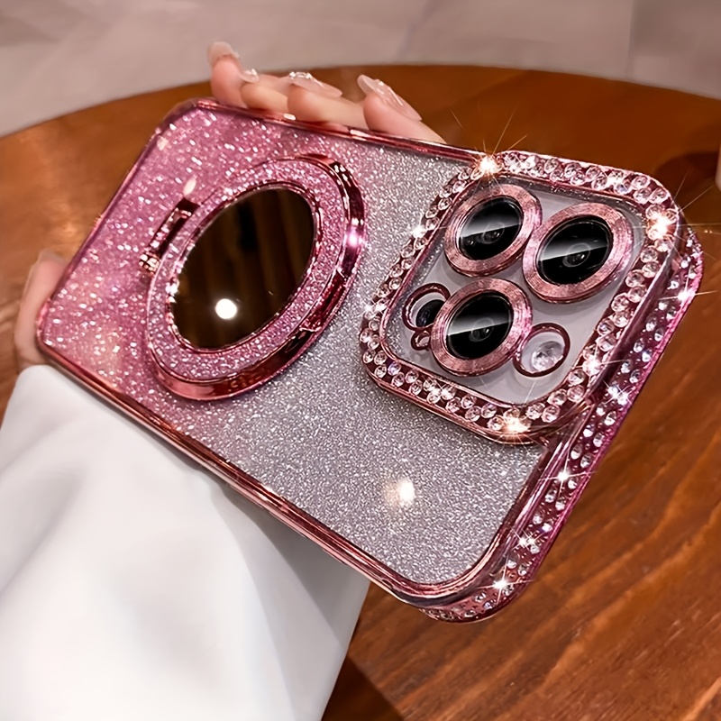 New Luxury High-End Flash Dual Row Diamond Mirror Magnetic Bracket Full Lens Phone Case Suitable for Apple Iphone 16 15 Promax 14 Plus 13 Pro 12 11 Pro Max/ Niche Transparent Anti Drop Soft Adhesive Protective Back Cover/ Boyfriend And Girlfriend Gifts