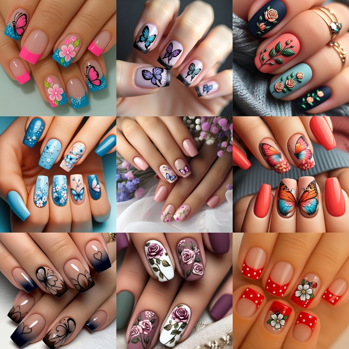 TEMU 72pcs Short Square Press-on Nails Suitable For Women' Wear, Parties & Festive - Short Length With & Floral Designs, Glossy, Random Assortment