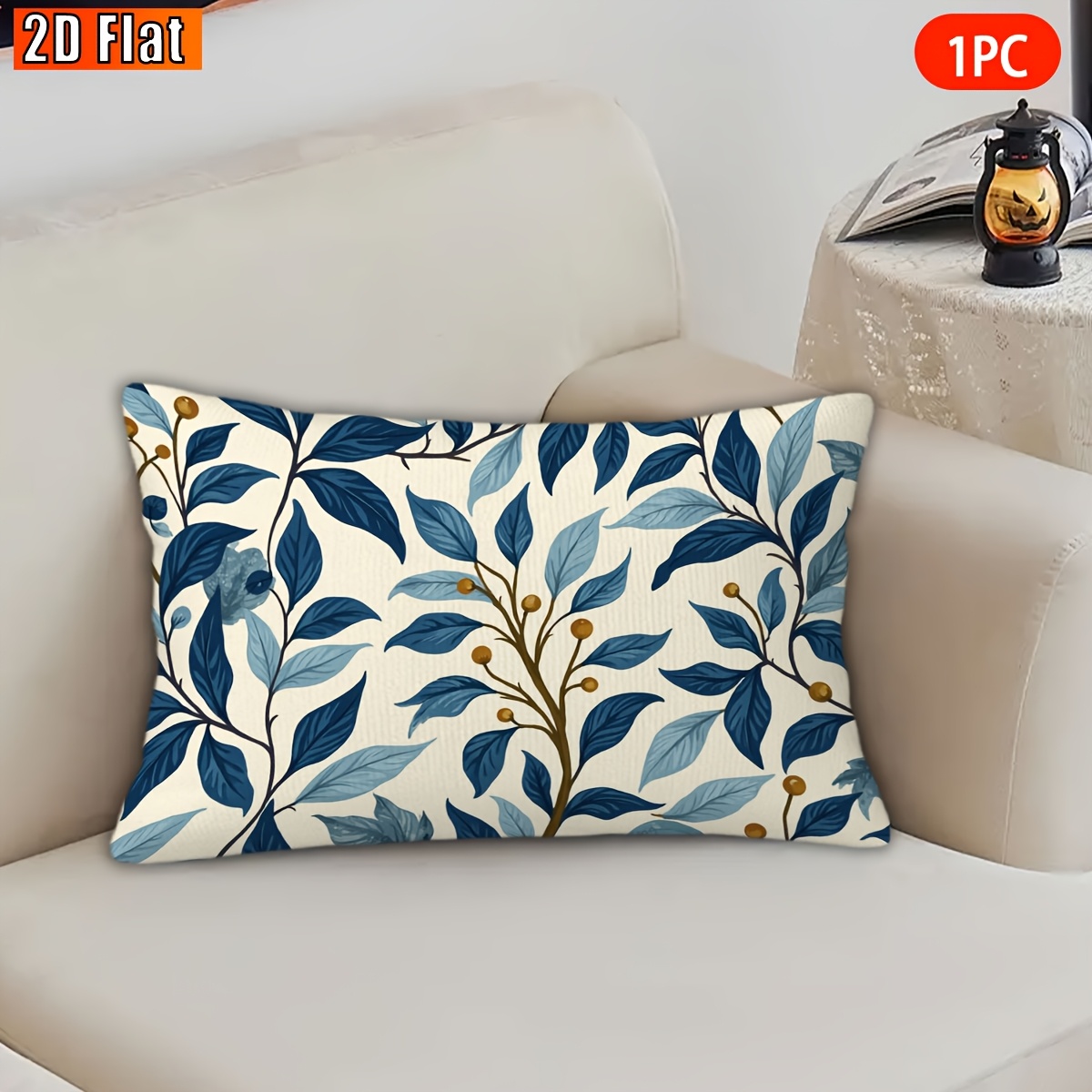 TEMU de cojín decorativa 2D, 1 pieza, con de y hojas azules, regalo de Pascua, impresión , sin relleno de almohada, Navidad, decoración del hogar, se