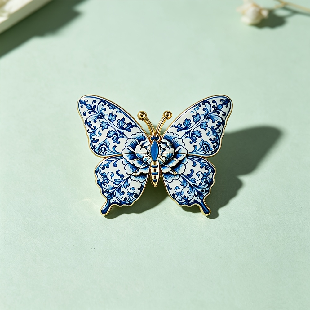 TEMU Broche à revers en émail papillon style porcelaine bleu et blanc, broche à badge à bordure dorée motif florale vintage, broche orientale à