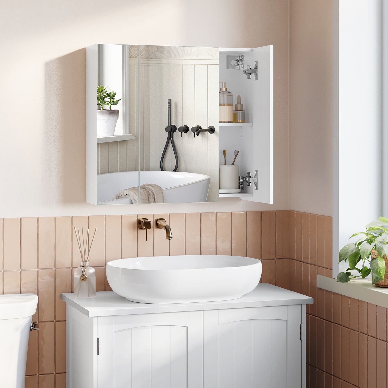 TEMU Modern White Wall-mounted Bathroom Cabinet With Mirror Doors - Space-saving 3-door Storage Unit, Adjustable Shelf & Back Panel, Mirror Suitable