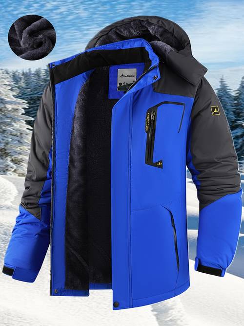 mens thick winter ski jacket thickened warm coat fleece lining detachable hood adjustable cuffs zippered pockets multifunctional outdoor jacket suitable for skiing snowboarding hiking climbing camping and cold weather