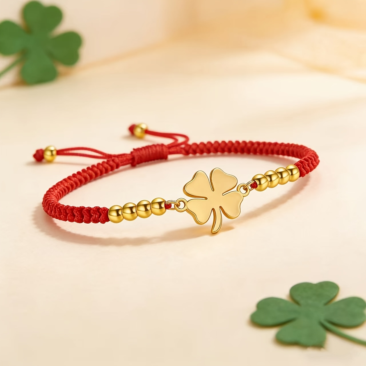 Red/Black Braided Rope Bracelet with Golden Clover Pendant