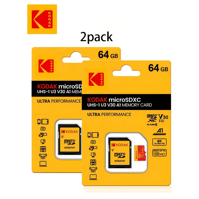 TEMU 2 Pack Kodak Micro Sd Card With Adapter 16gb/32gb/64gb/128gb/256gb Memory Card C10 A1 U3 V30 Tf Flash Storage Card