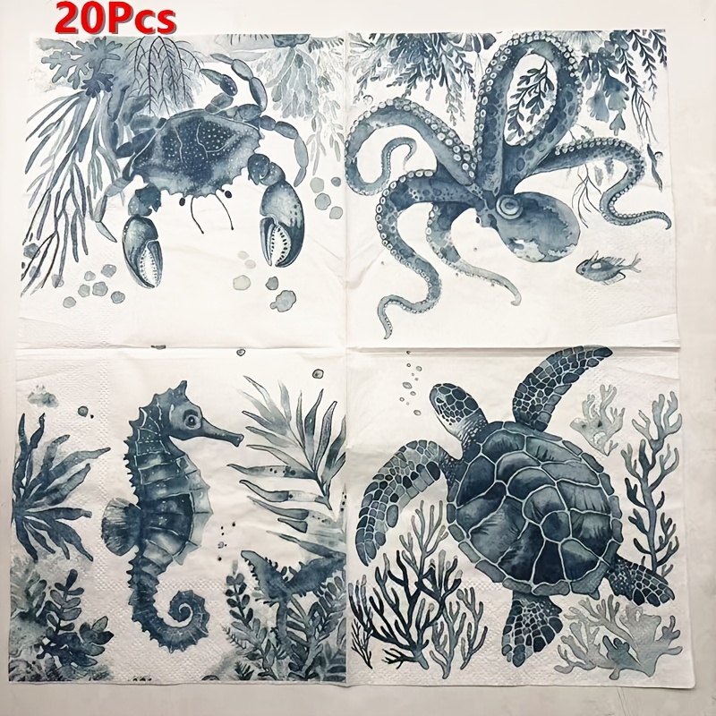 TEMU Lot de 20 serviettes en papier animaux de l'océan bleu - Serviettes jetables sous En avec tortue, , , , essuie-mains en papier pour invités pour