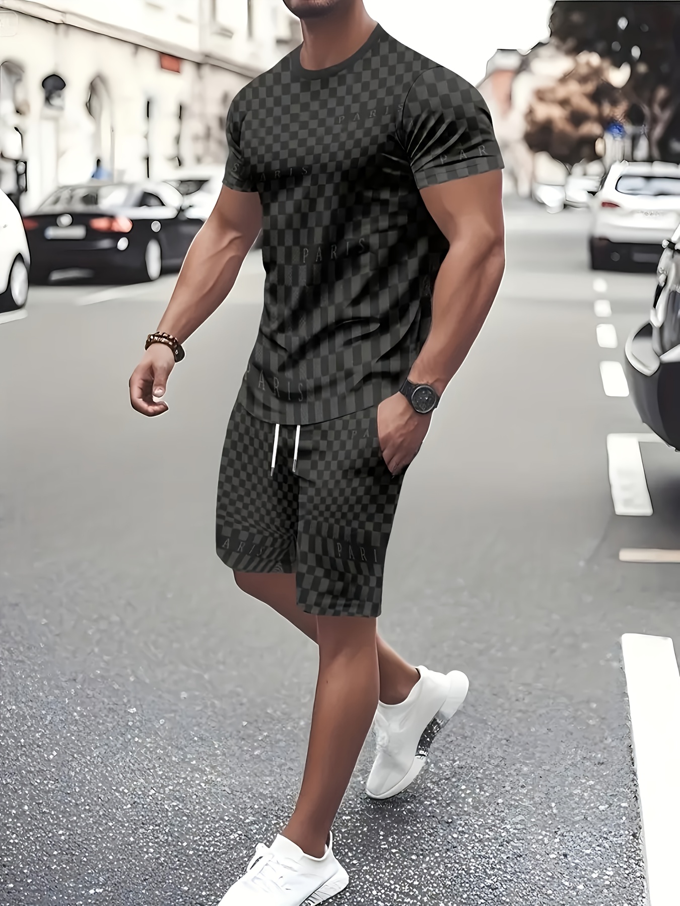 mens round neck t shirt and shorts trendy two piece set printed plaid with paris letter design suitable for casual daily wear and vacation outfits dark gray 0