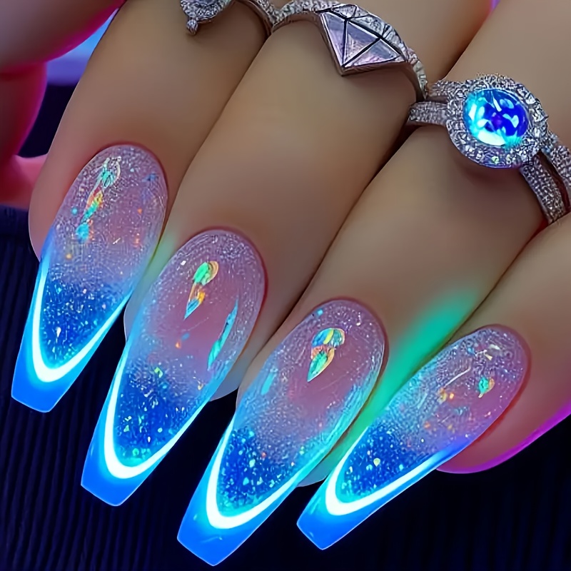 TEMU 24 Calcomanías de Uñas Largas de Ballet con Degradado en - Uñas Postizas Azul con Bordes Neón, Manicuras de Calidad de Salón , Perfectas para