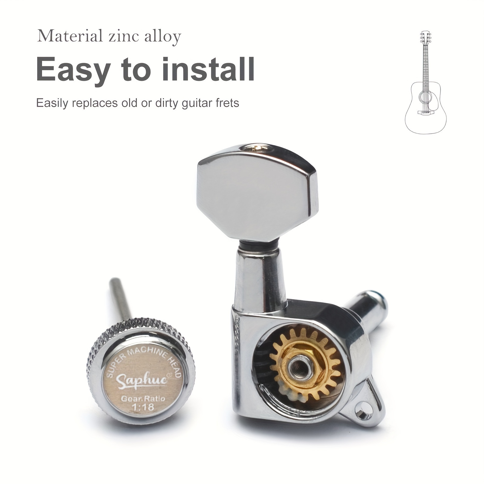 [SAPHUE Guitar Locking Tuners] SAPHUE 6pcs Guitar Locking Tuners | 1:18 Lock String Tuning Key Pegs Machine Head with Hexagonal Handle Replacement for Electric Folk or Acoustic Guitars - Black/Golden/Chrome