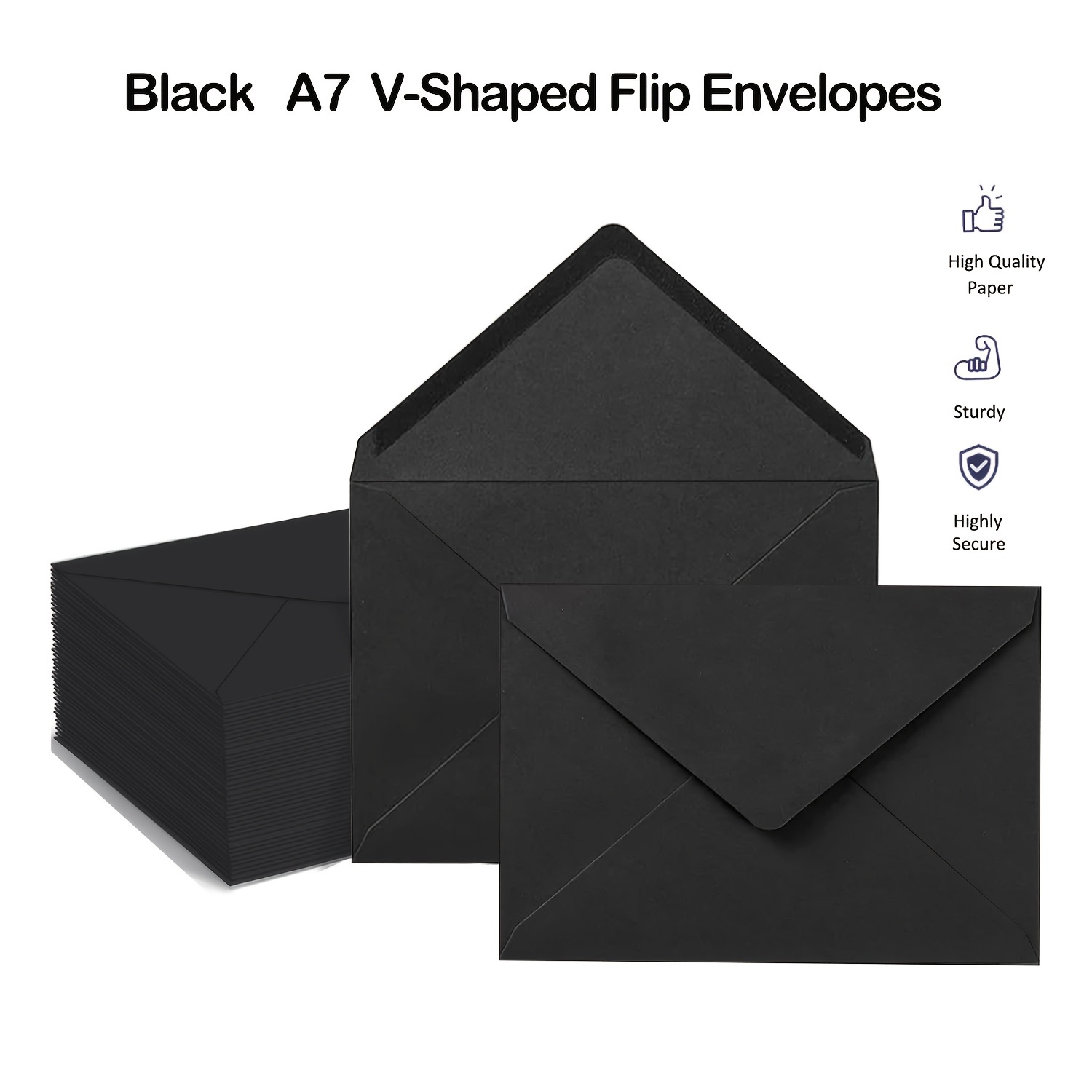 

50pcs Black A7 Envelopes, 5x7" V-flip Design For Photos, Thank You Cards, Birthday & Wedding Invitations - Self-sealing Matte Finish Paper Envelopes Envelopes For Gift Cards Elegant Card Envelopes