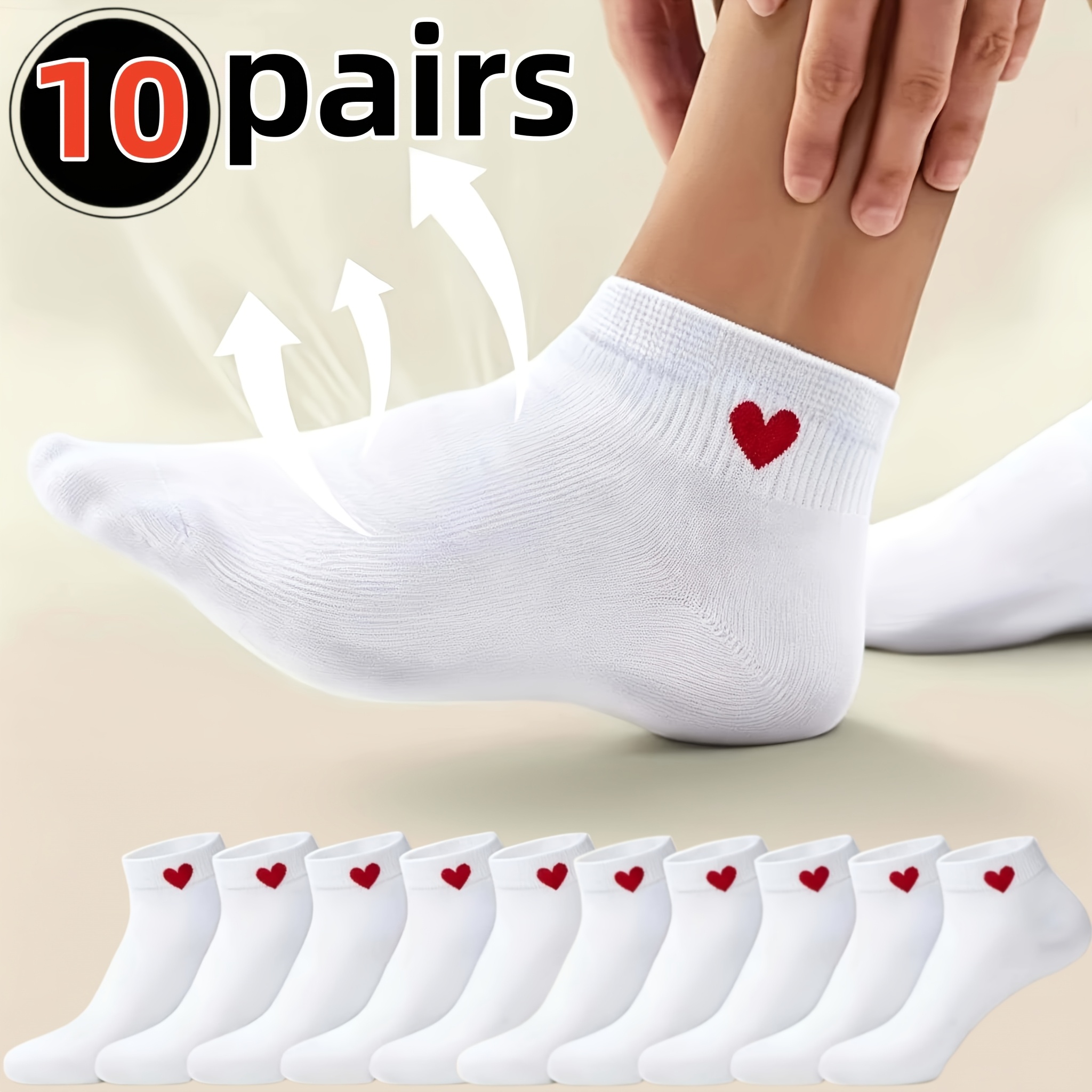 TEMU 10 Pairs Pack White Heart Short Socks Suitable For - Elegant Plain Round-toe Breathable Lightweight Socks, Unisex For Daily Wear, Special