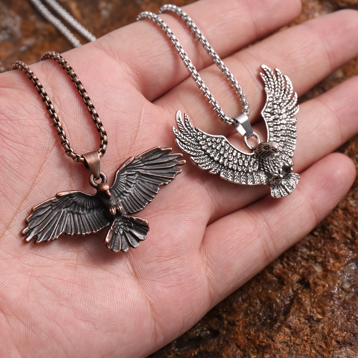 TEMU 2pcs Vintage Flying Eagle Necklace Set, 2 Styles Distressed Texture Street Cool Individual Pendant, Versatile Long Sweater Chain Unisex Niche