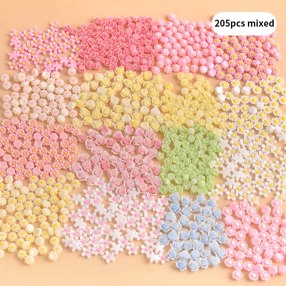TEMU 205pcs Assorted, Mini Flower Shaped Rose Flowers 5-petal Flowers Random Assortment, Flat Back, Resin Material, Nail Decoration Additions, 3d