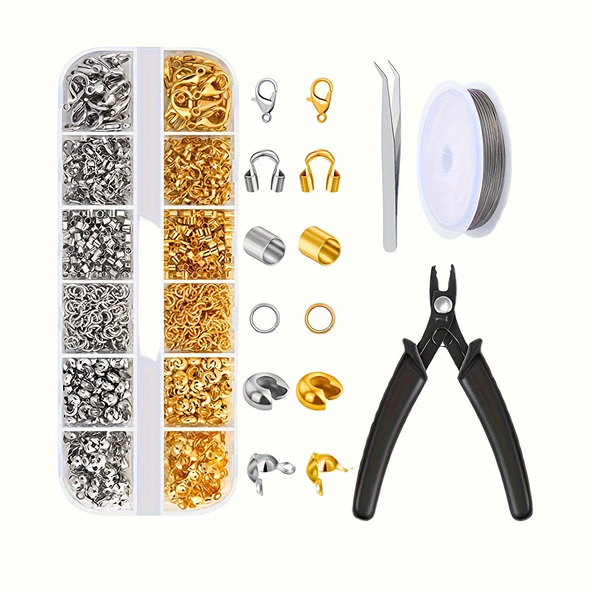 

1200 Pcs Jewelry Making Supplies Kit With Crimping Pliers, Assorted Crimp Beads, Covers, Tubes, Clasps, Jump Rings, Ends, Beading Wire For Bracelet And Fashion Phone Chain Creation