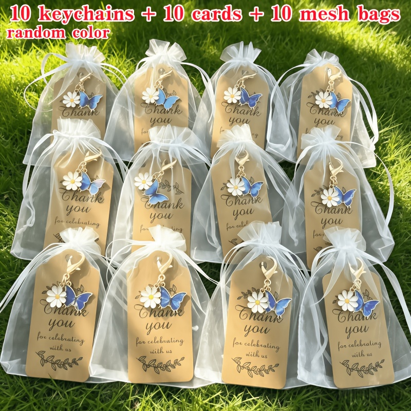 TEMU 30pcs/10-set Random Color And Daisy Keychain Set, 10 Keychains + 10 Cards + 10 Mesh Bags, Butterflies And White Daisies, Inspirational Gift.