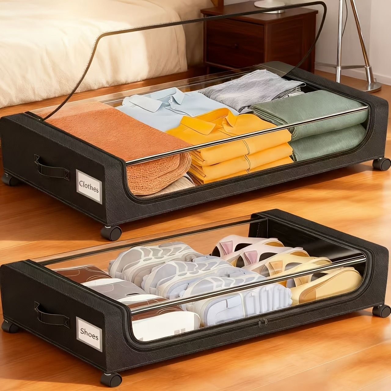 TEMU Xxl 15.85-gallon Rolling Under-bed Storage Box With Wheels, Transparent Large-capacity Organizer With Multi-compartment Design For Clothes,