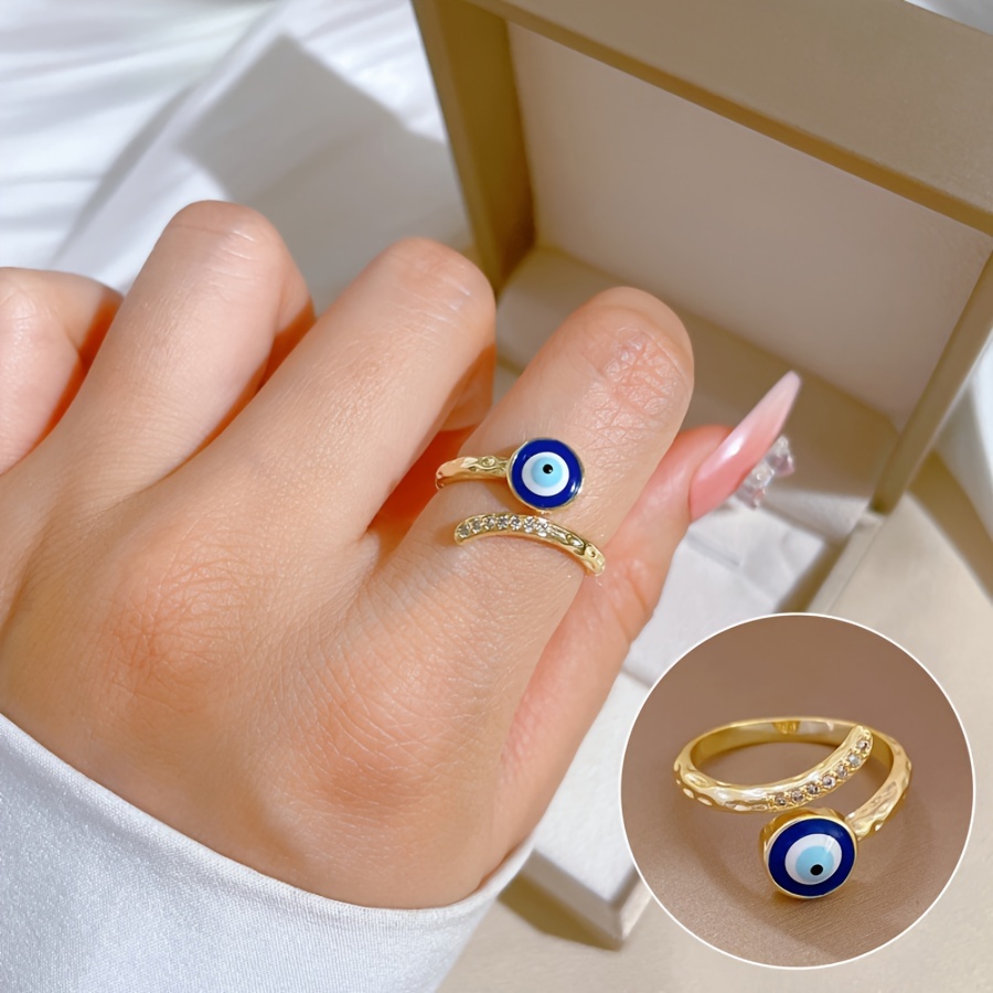 

Gold-tone Blue Eye Open Ring, Adjustable Punk Y2k Style, Blue And White Eye Charm, Fashion Jewelry Accessory For Women