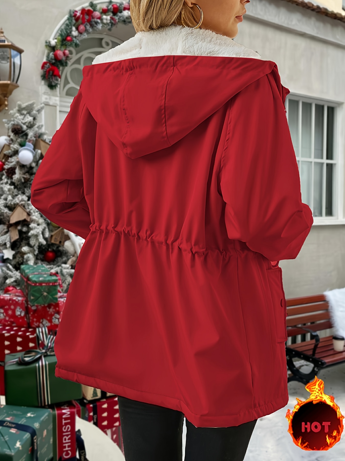 Chaqueta con Capucha Forrada de Piel Ártica para Mujer - Abrigo Invierno, Cáscara Exterior No Elástica para Gimnasio y Viajes, Ropa de Otoño/Invierno Lavable a Máquina, Diseño Elegante, Aislamiento Térmico, Ideal para Aficionados al Aire Libre - Imagen 7