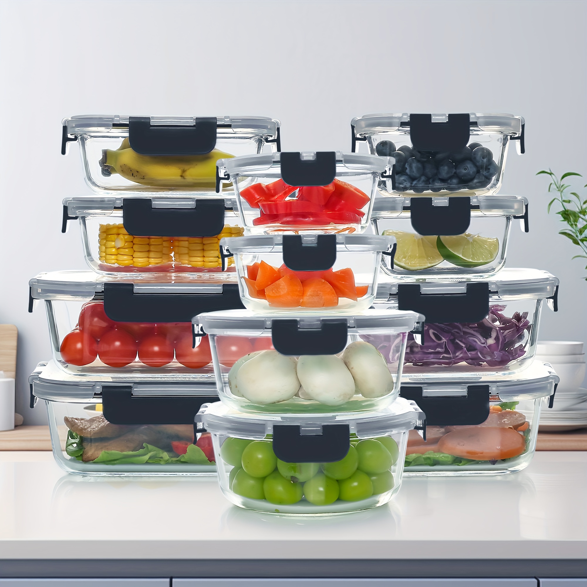 

24pcs Airtight Glass Food Storage Containers Set, Leak-proof, Bpa-free, Microwave, Oven, Freezer, Dishwasher Safe, 12 Containers & 12 For Meal Prep And Lunch Food & Dish Transport-bus Tubs