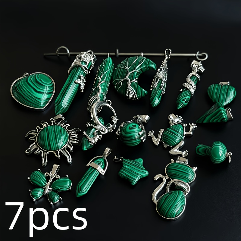 TEMU 7pcs Malachite Pendant Set, Diy Handmade Gift, Pendants In Various Styles And Shapes: Moon, Cat, Heart, , Suitable For Accessories, A Perfect