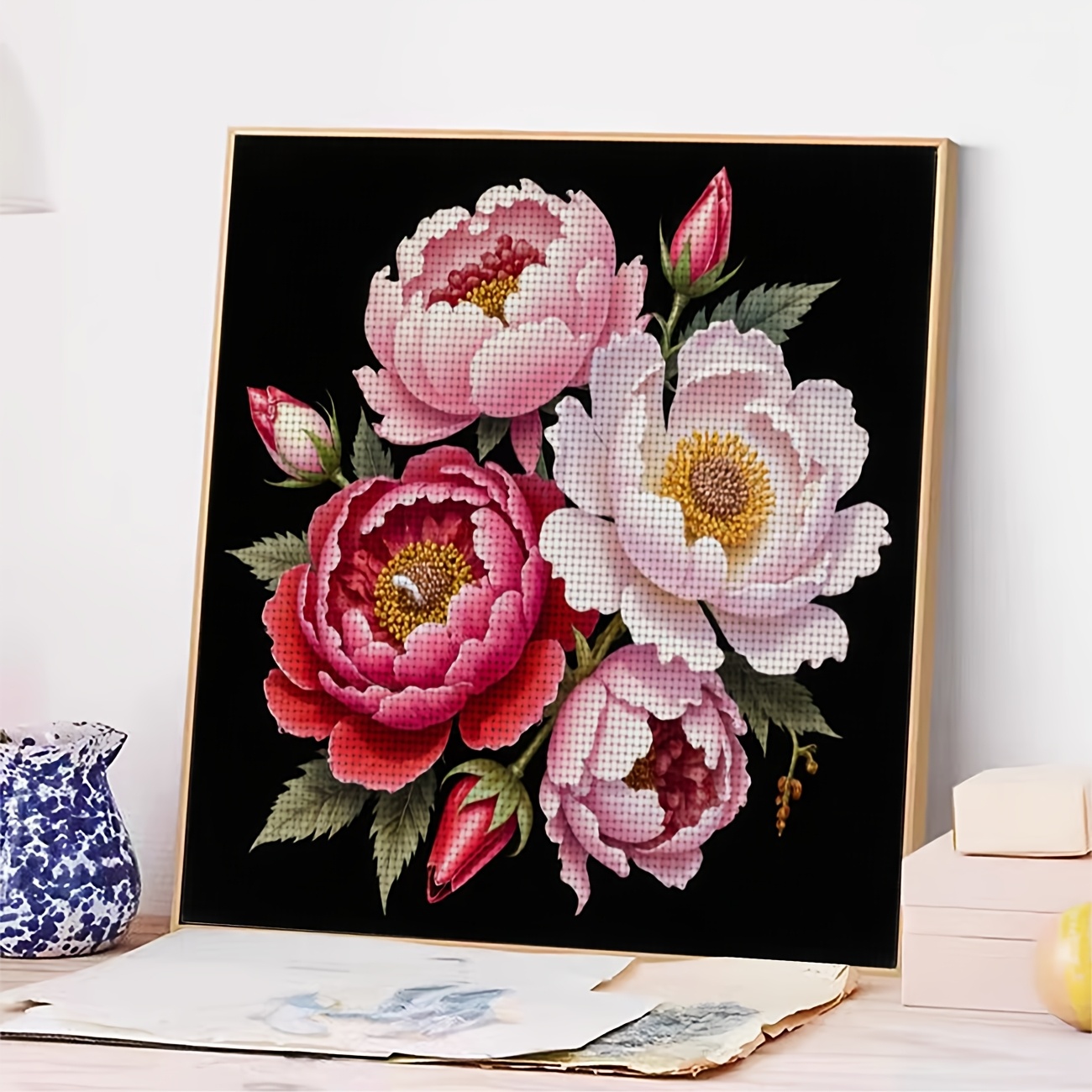 DIY Cross-Stitch Printing Kit Featuring Peony on Black Background, Perfect for Beginners