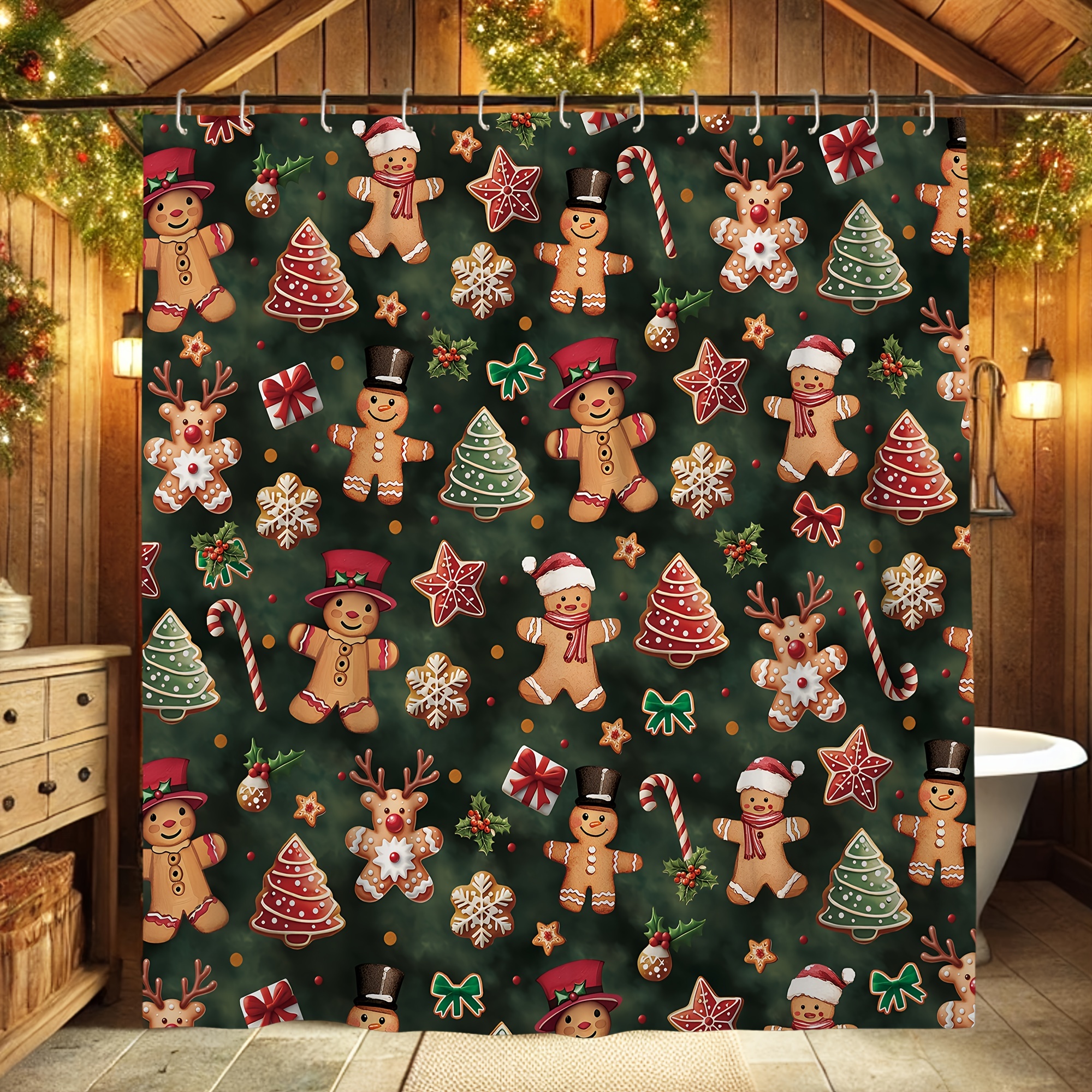 

1pc Merry Christmas Winter Bathroom Curtain With Gingerbread, Tree, Designs - Machine Washable Polyester Bath Decor With 12 Hooks For And New Year 2025 Home Decoration