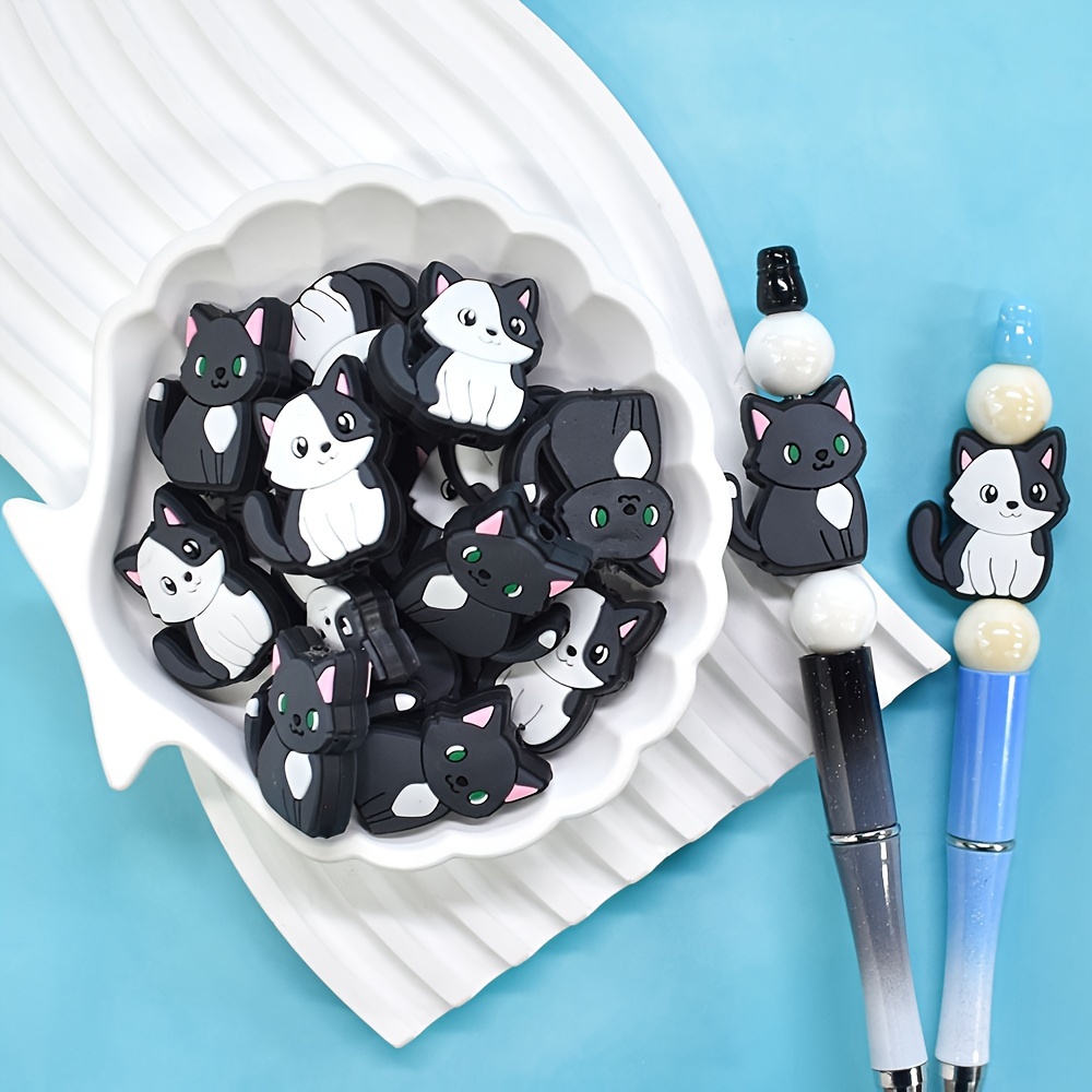 

10pcs Cute Black And White Cat Plastic Beads Set For Diy Pen Toppers, Cartoon Animal Beads For Creative Stationery And Craft Projects