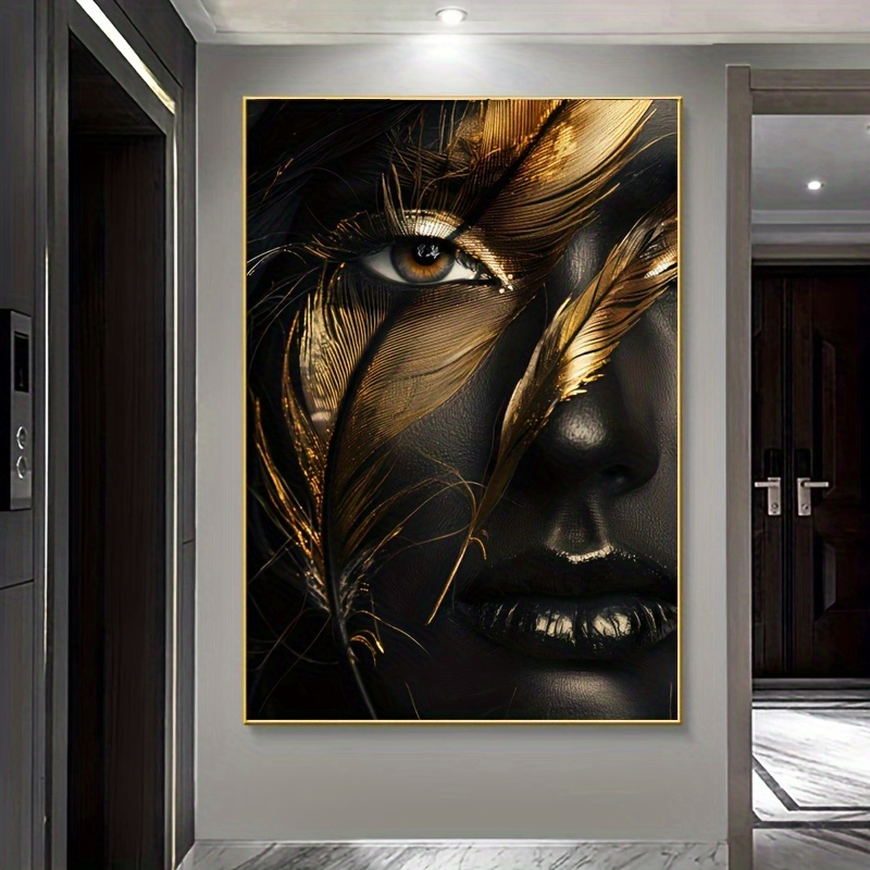 

1pcs Frameless Modern Abstract Canvas Wall Art, 80x120cm, Black And Golden African Art Inspired Print For Living Room, Bedroom - Non-electric, White Canvas With Alternative Material