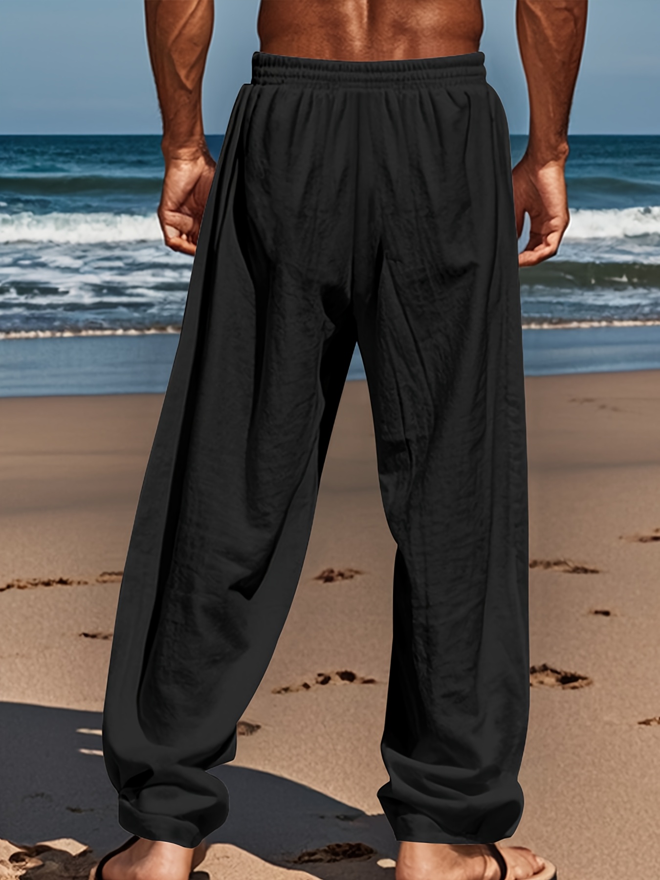 2pcs mens casual straight leg pants lightweight breathable fabric textured grip elastic waist with drawstring side pockets white beige comfortable clothing simple solid color opaque coverage details 2