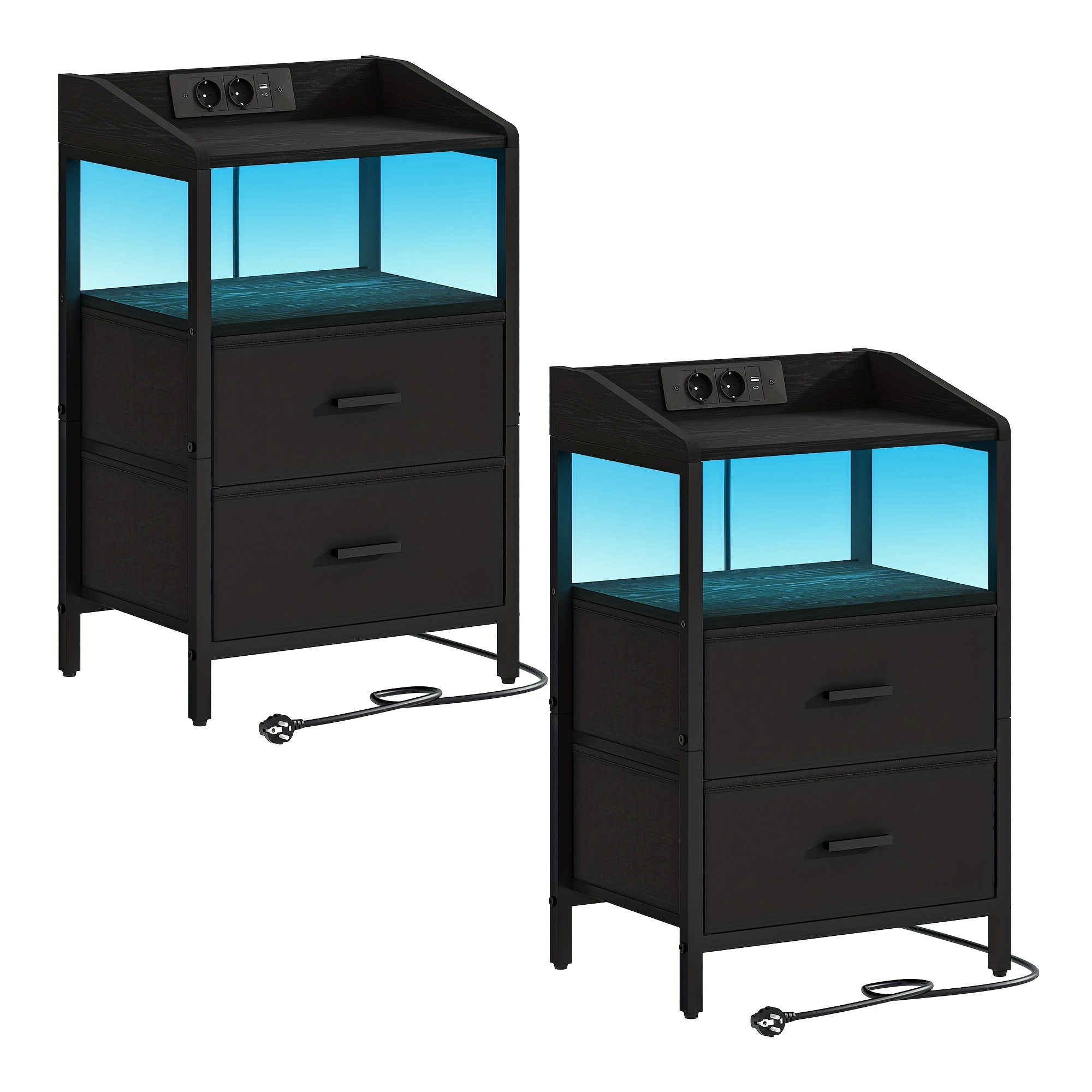 Image of Bedside Table Set Of 2, With Led Lights And Charging Station, Side Table With 2 Fabric Drawers And Shelves, With Usb Ports And Sockets, For Bedroom, Living Room, Black And White, Storage Drawer Units