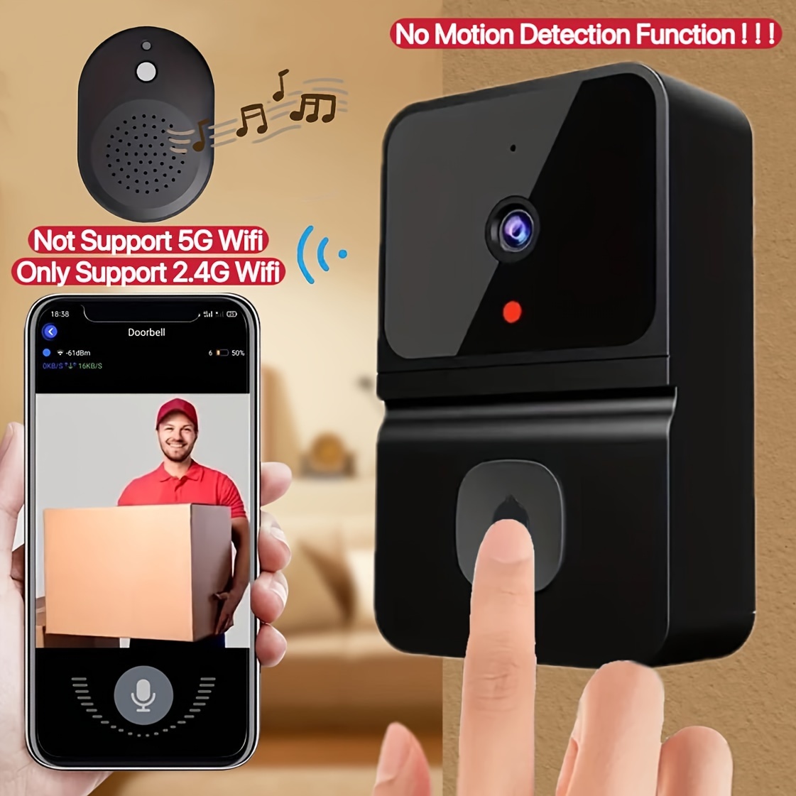 Mini Wireless Doorbell Camera WiFi Smart Home Security Camera with Chime,  Black