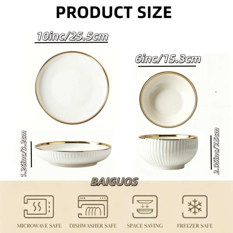 TEMU 8pcs Porcelain Dinnerware Set, 4pcs 6-inch Cereal Bowls And 4pcs 10-inch Dinner Plates, Vertical Strip White Ceramic Tableware, Microwave