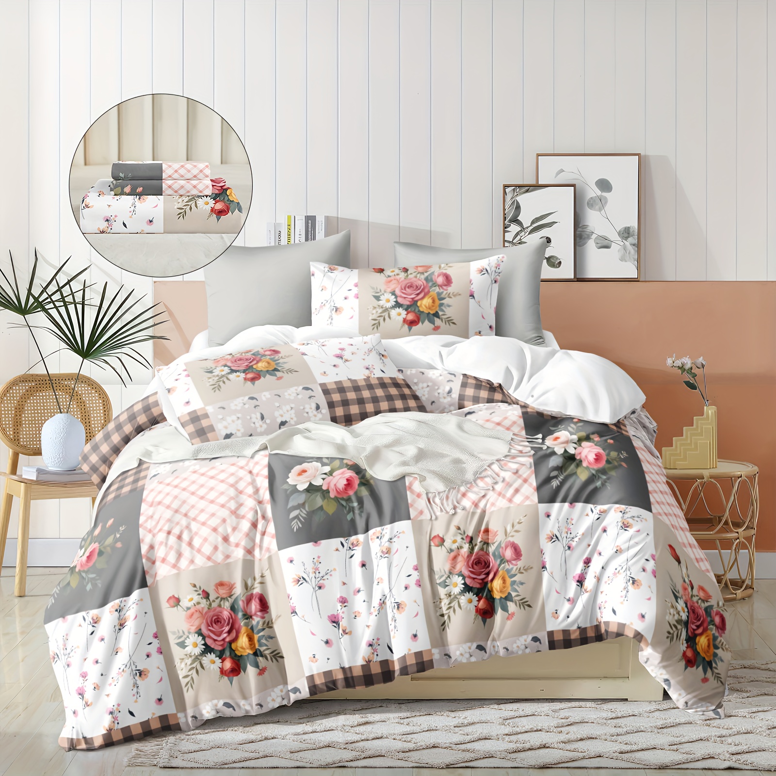 

Floral Digital Print Duvet Cover Set, Jit 3pc Polyester Sanded Fabric With Zipper Closure, All-season Comforter Cover With Pillowcases, Machine Washable, Lightweight 85gsm - No Insert