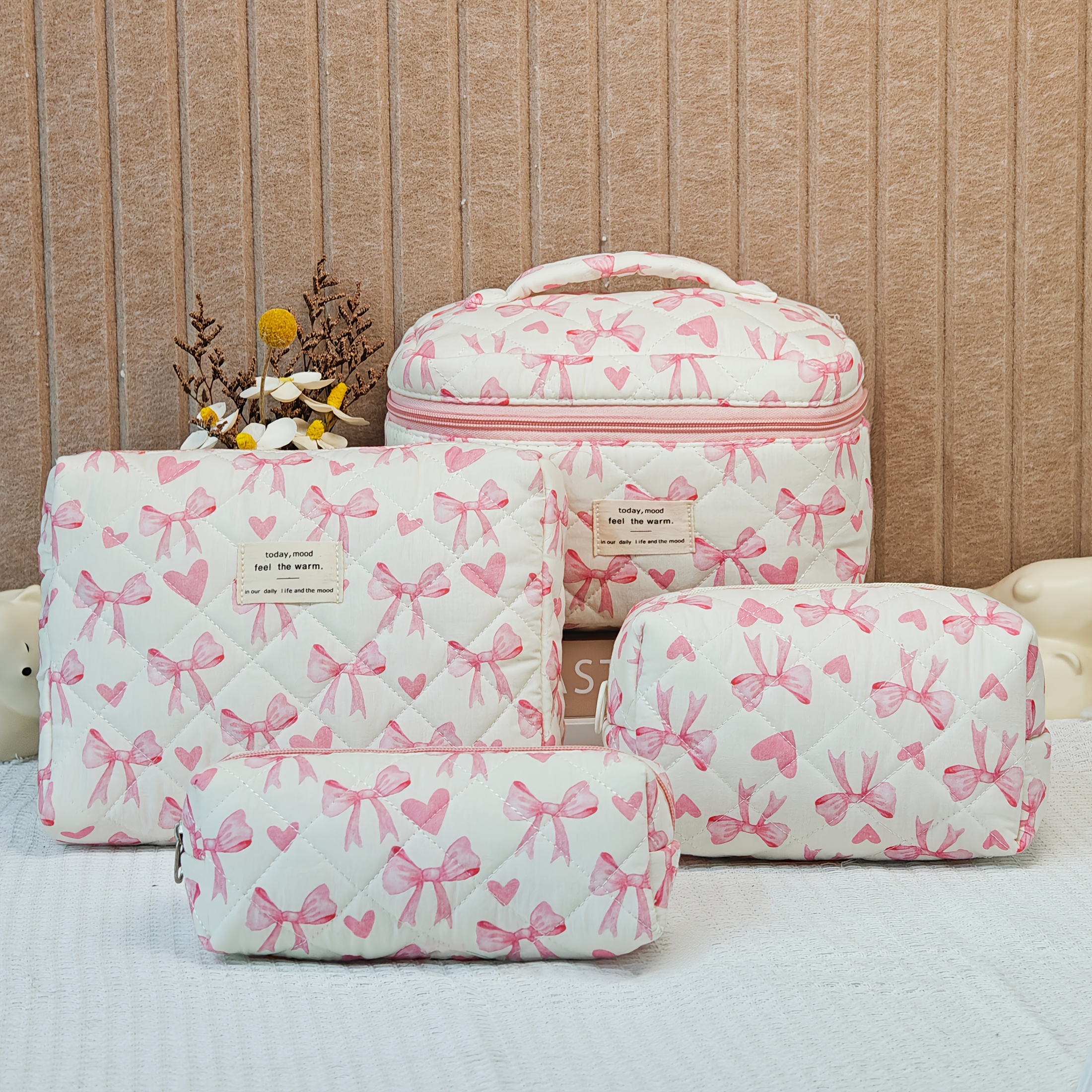 

4pcs Bowknot Quilted Cosmetic Bag Set - , & Small | For Women | Day | Mixed