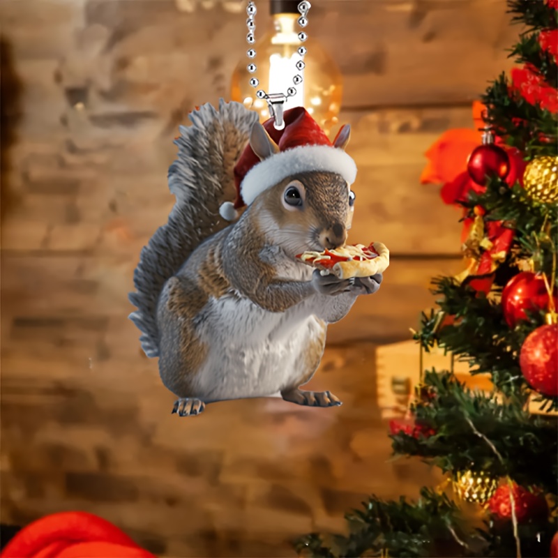 

1pc Acrylic Squirrel Car Hanging Ornament, 2d Christmas Tree Decoration With Santa Hat, Keychain Accessory, Ideal For Holiday Gift Box