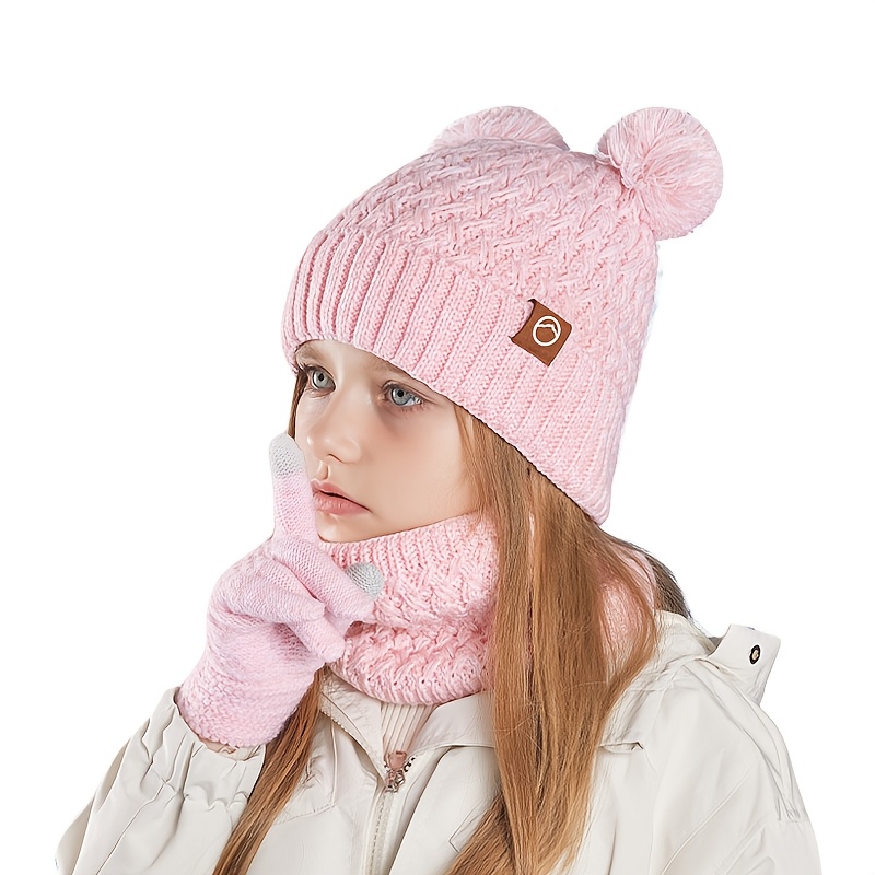 winter hat scarf gloves 3pcs set double pom pom fleece lined  display picture 1