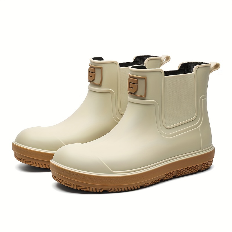 mens fashion waterproof rain boots solid color ankle height pvc outer inner fabric lining pvc sole slip resistant for hiking outdoor casual camping