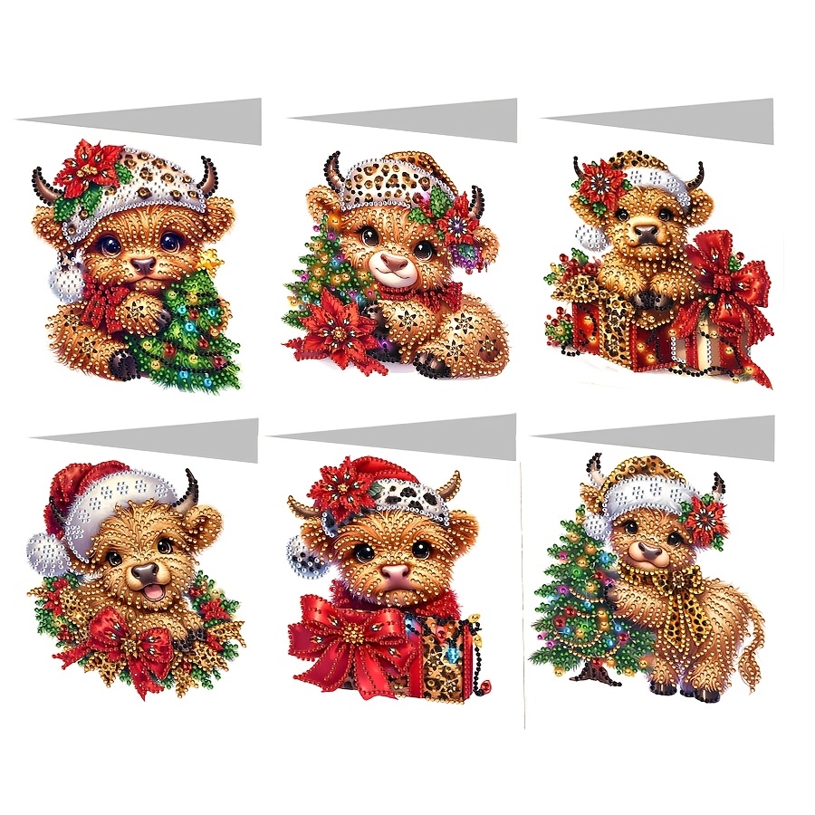 TEMU Lot de 6 cartes de vœux de Noël à peindre au diamant à faire soi-même, motif vache de dessin animé de style Noël, faites à avec enveloppes,