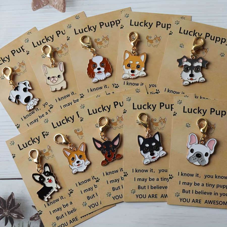 Image of 10 Cute Cartoon Dog Keychains + 10 Greeting Cards – Fashionable Alloy Keychain Set With Thank You Card, Animal-themed Keychains, Perfect Gift For Pet Lovers