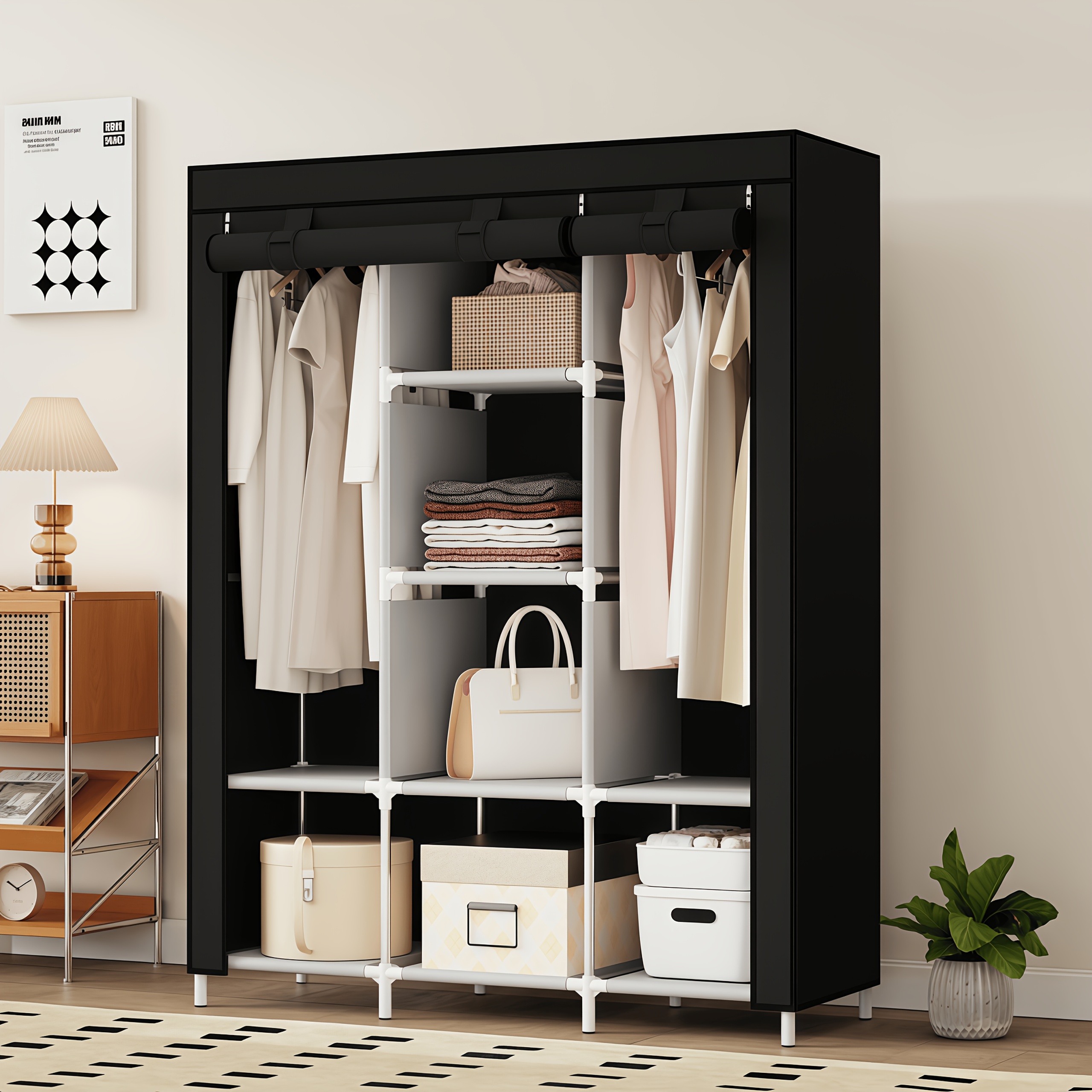 TEMU -row 8-section Wardrobe With Hanging Rod, Easy To Assemble Dust-proof Storage System, Freestanding Bedroom Clothes Storage Cabinet,