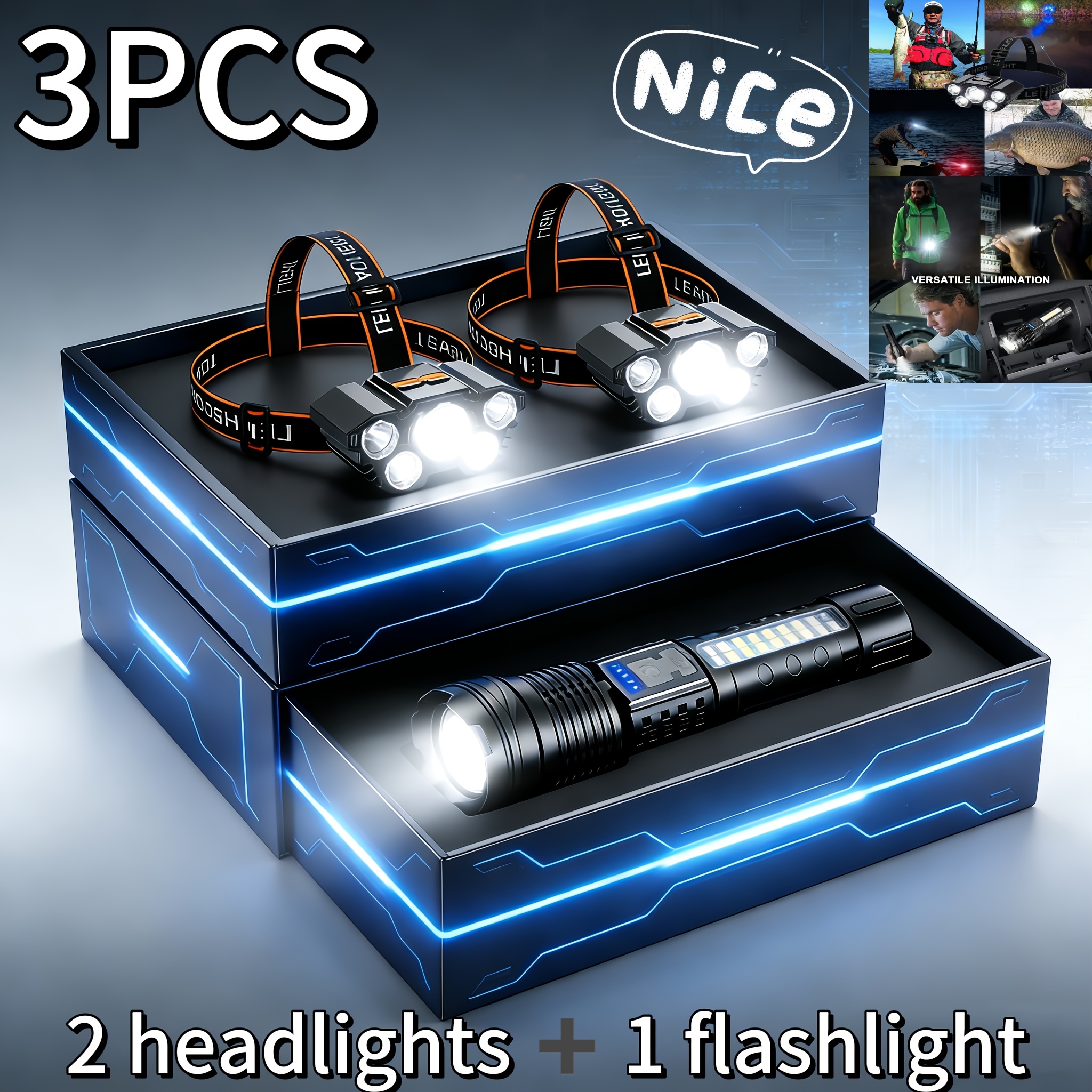 TEMU 3pcs Set With Storage Box -2 Headlights+1 Flashlight, 5 Lighting - Headlight Flashlight, Headlight Flashlight, Suitable For Camping, Fishing,