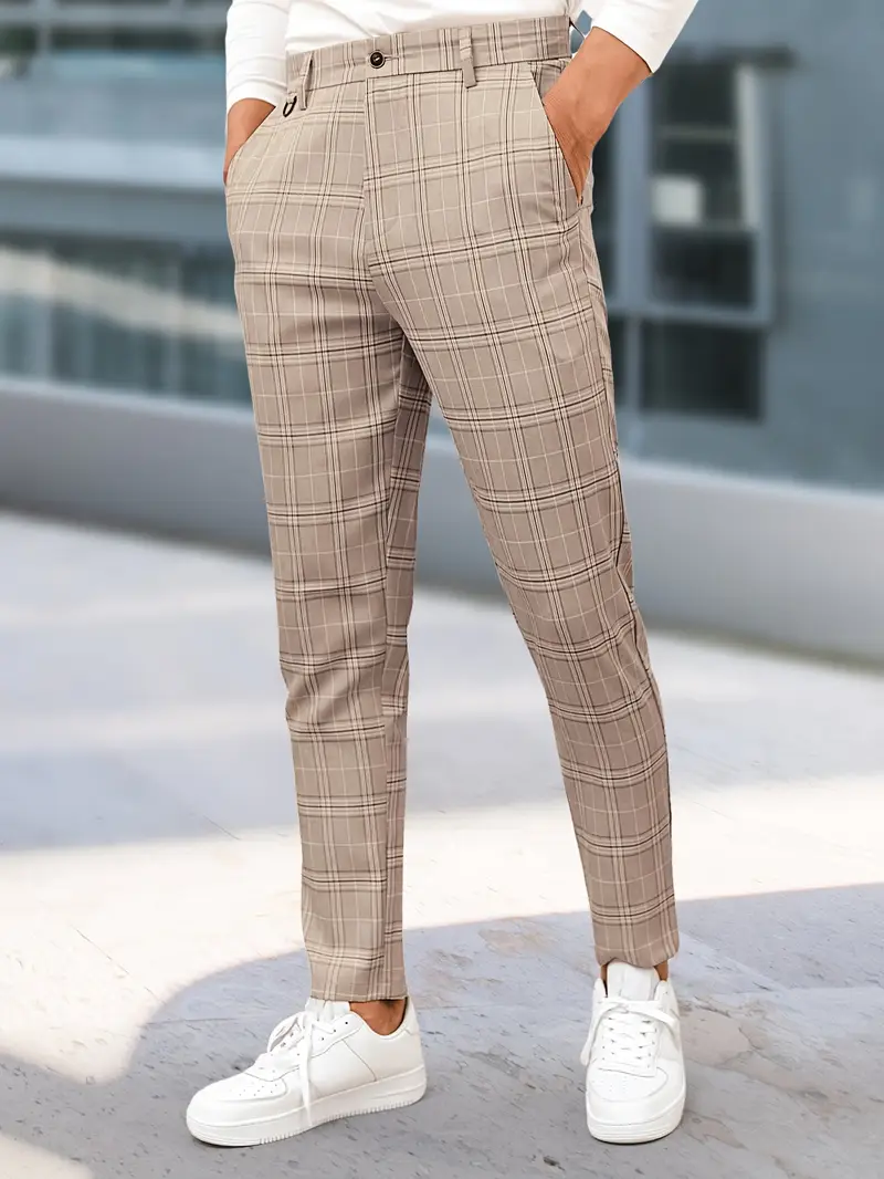 beige plaid dress pants Unique Bargains Men's Dress Plaid Pants Formal Slim Fit Printed Business Checked Trousers 30 Dark Brown
