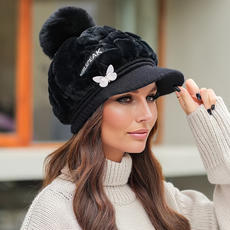Image of 1pc Women's Winter Plush Fleece Duckbill Beanie Hat With Letter & Embellishments, Ear Protection For Outdoor Activities, Dance Parties & Daily Use - 100% Polyester, Hand Washable