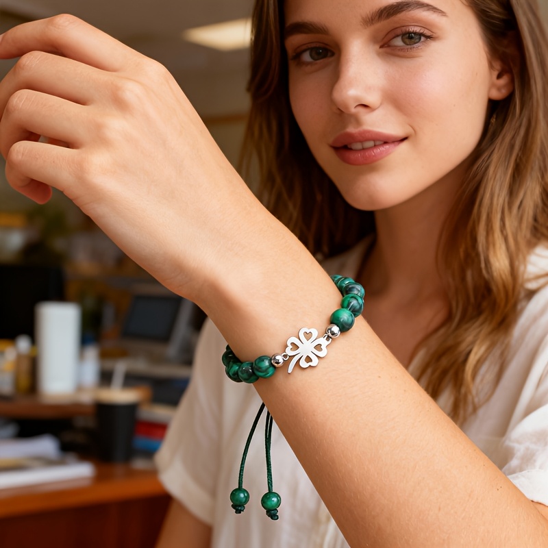 TEMU 1pc Stainless Steel Clover Bracelet Jewelry, Handmade Woven Simple Adjustable Artificial Malachite Beaded Bracelet, Suitable For Daily Wear,