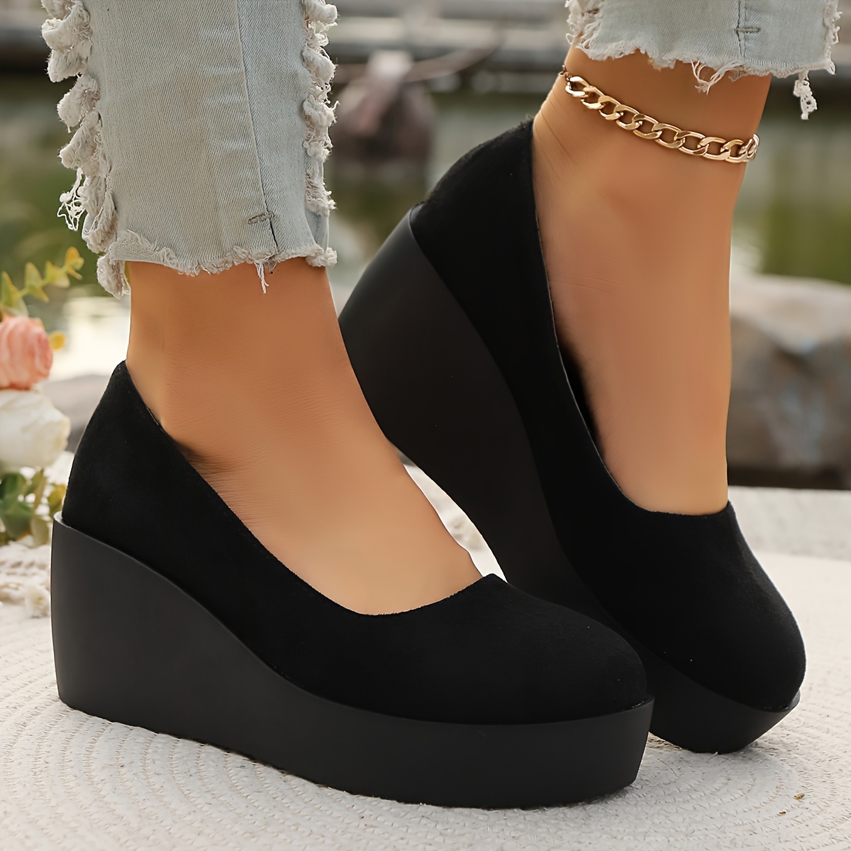 

Ladies Stylish Single Shoes Wedge Platform Black Slip On Casual Women's Loafer Shoes