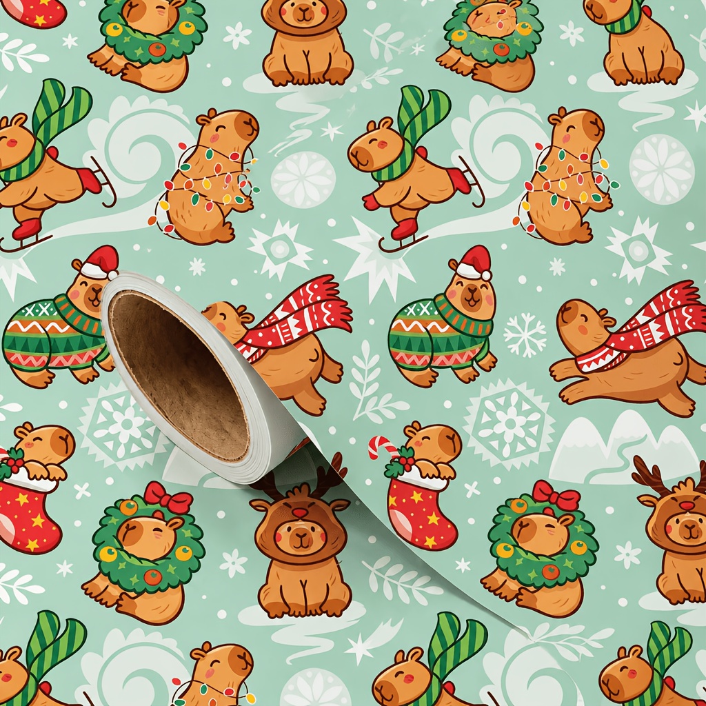 TEMU Capybara Christmas Wrapping Paper Roll 17x118 Inches, Mint Green Cute Holiday Capybara Reindeer Wreath Stocking Snowflake Print Decorative Wrap