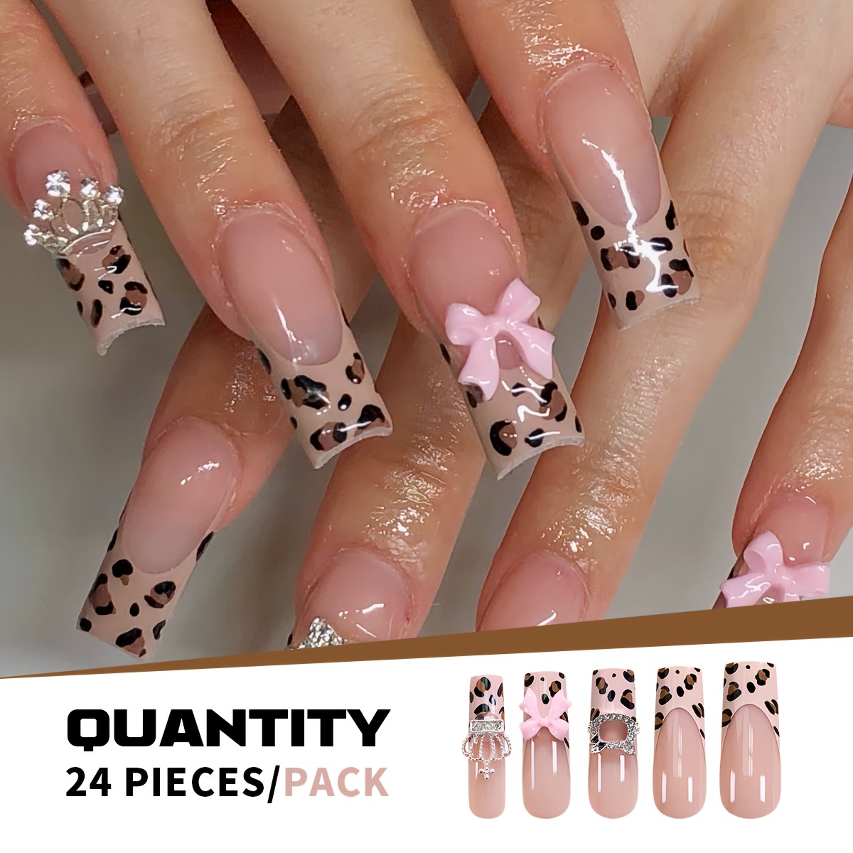 

24-piece Long Square Pink Leopard Print Nails With 3d Crown & Kitty Bow, Rhinestone Accents Full Cover Press-on Nail Kit With Jelly Gel & Nail File